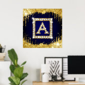 Poster Monogramme doré initial A avec paillettes bleues (Bureau à domicile)