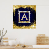 Poster Monogramme doré initial A avec paillettes bleues (Cuisine)