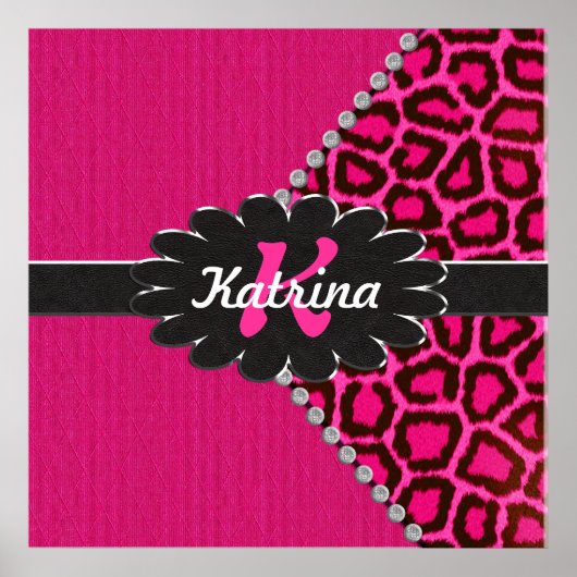 Poster Monogramme en cuir noir sur Cheetah rose (Devant)