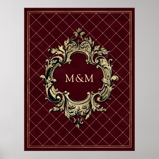 Poster Monogramme en treillis Vintage or et bordeaux (Devant)