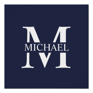 Poster Monogramme et nom personnalisés bleu marine