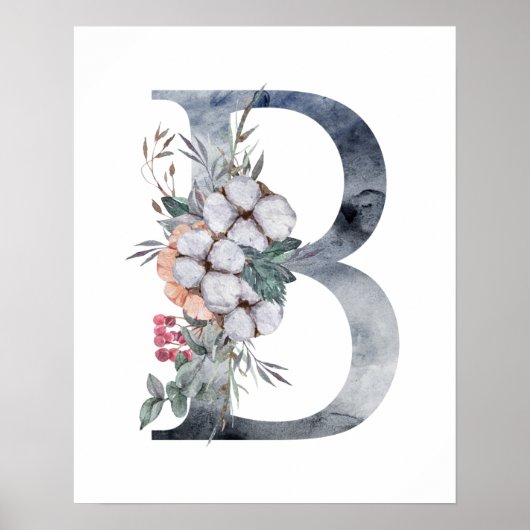 Poster Monogramme floral bleu initial B (Devant)