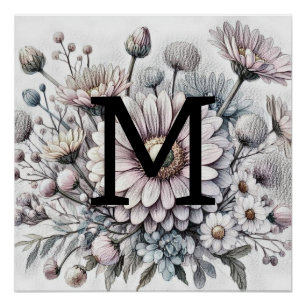 Poster Monogramme floral dessin rose gerbera marguerites