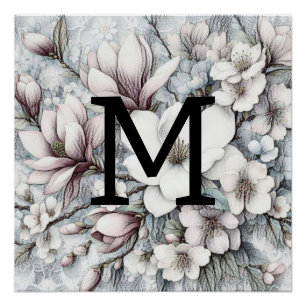 Poster Monogramme floral dessin rose magnolias fleurs