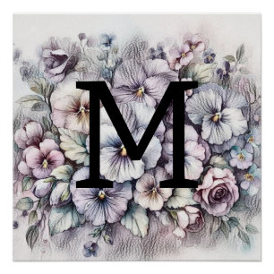 Poster Monogramme floral dessin rose pansies fleurs