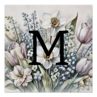 Poster Monogramme floral dessin tulipes roses jonquilles