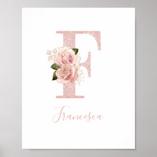 Poster Monogramme floral pailleté or rose girly F