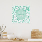 Poster Monogramme Floral Vert Mint Moderne Avec Nom (Cuisine)