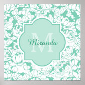 Poster Monogramme Floral Vert Mint Moderne Avec Nom (Devant)