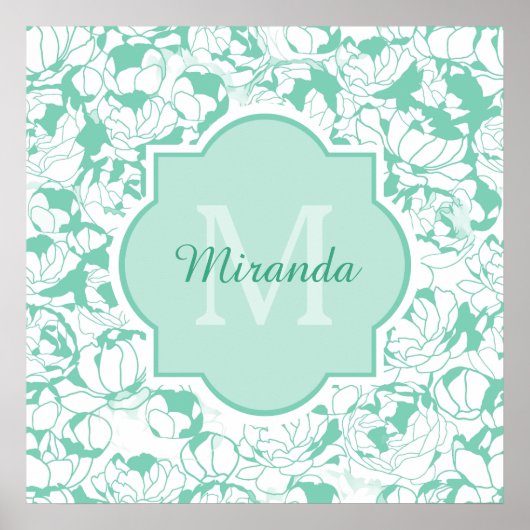 Poster Monogramme Floral Vert Mint Moderne Avec Nom (Devant)