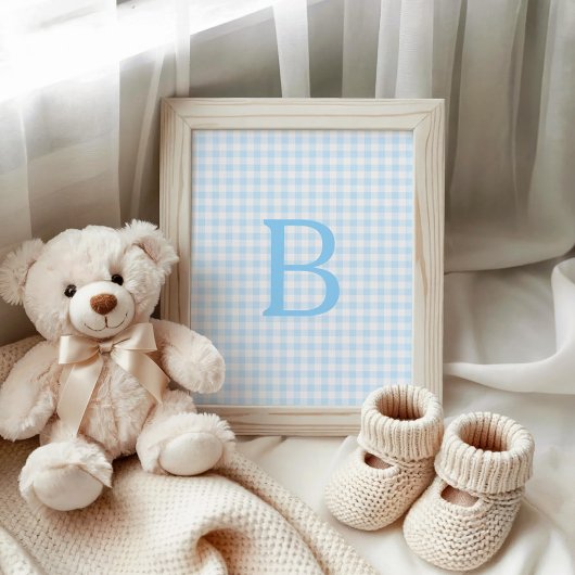Poster Monogramme Gingham Bleu Pastel et Blanc