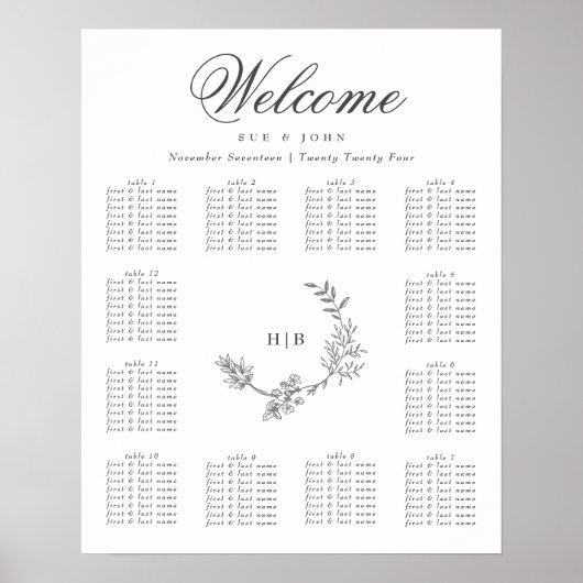 Poster Monogramme gris foncé classique Mariage floral (Devant)