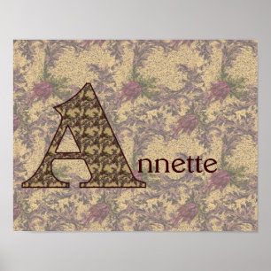 Poster Monogramme Initial A Floral Vintage Personnalisé