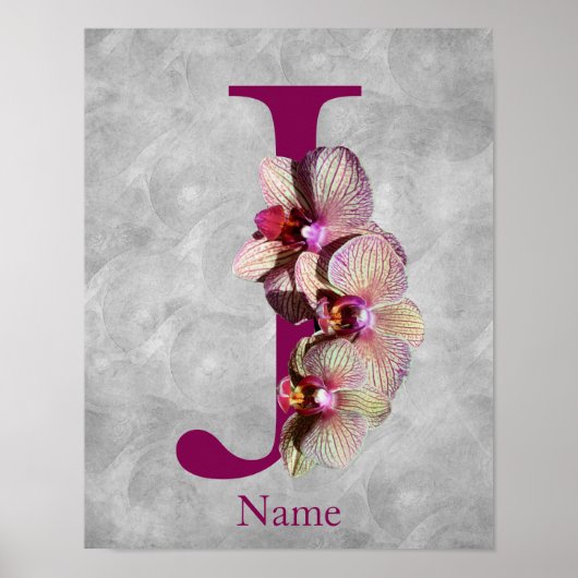 Poster Monogramme Initial Élégant Orchidée J Personnalisé (Devant)