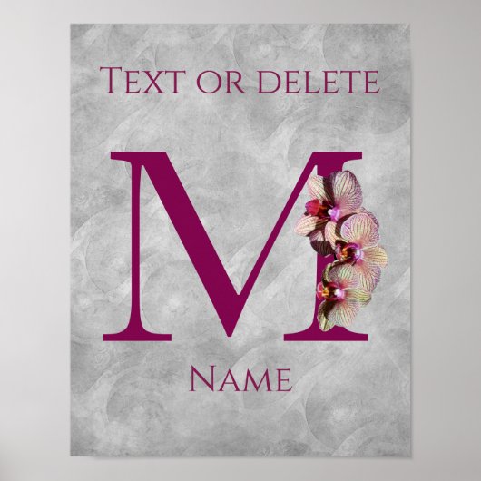 Poster Monogramme Initial Élégant Orchidée M Personnalisé (Devant)