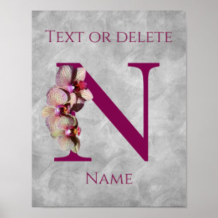 Poster Monogramme Initial Élégant Orchidée N Personnalisé