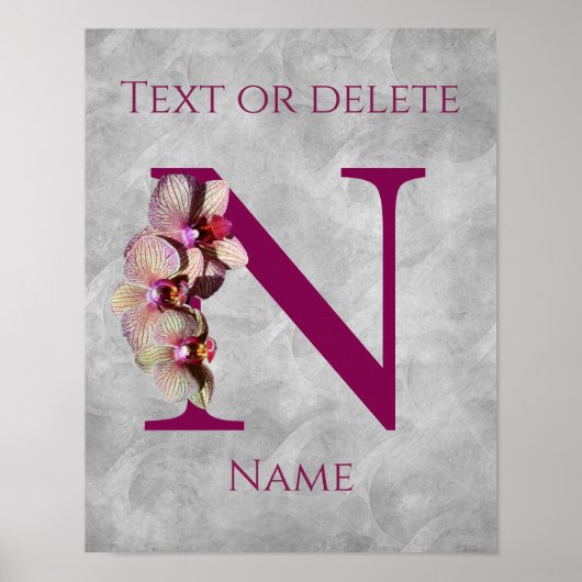 Poster Monogramme Initial Élégant Orchidée N Personnalisé (Devant)