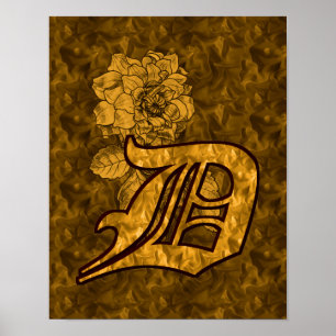 Poster Monogramme Initiale D Fleur de Pivoine en Or
