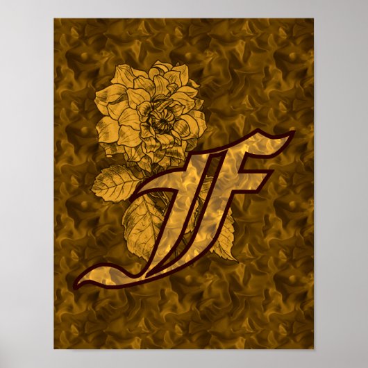 Poster Monogramme Initiale F Or Peony Floral (Devant)