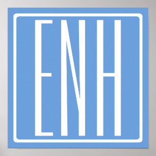 Poster Monogramme Initiales 3 Modernes Gras Bleu Clair