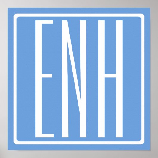 Poster Monogramme Initiales 3 Modernes Gras | Bleu Clair (Devant)