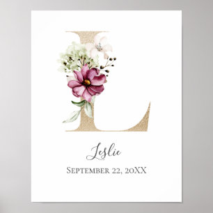 Poster Monogramme L Rose Blanc Floral Lettre Dorée Nurser