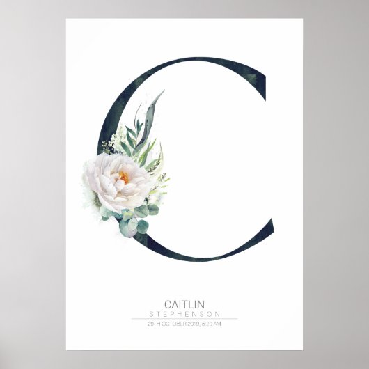 Poster Monogramme lettre C Fleurs et feuillage blanc (Devant)
