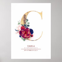 Monogramme lettre C floral bleu marine et bordeaux