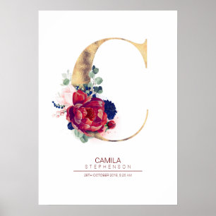 Poster Monogramme lettre C floral bleu marine et bordeaux