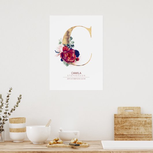 Poster Monogramme lettre C floral bleu marine et bordeaux (Cuisine)