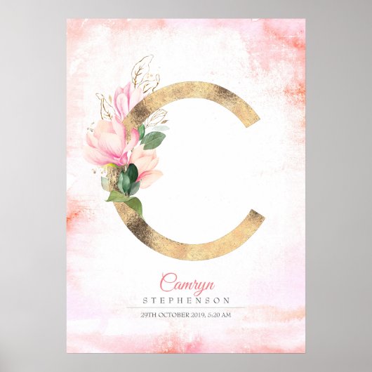 Poster Monogramme Lettre C Or Feuilles Magnolia Rose Flor (Devant)