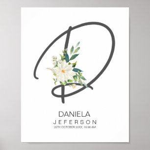 Poster Monogramme lettre D Décor floral rose