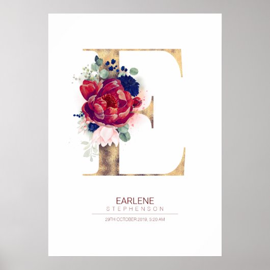 Poster Monogramme lettre E floral bleu marine et bordeaux (Devant)
