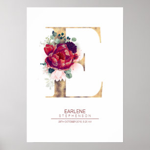 Poster Monogramme lettre E floral bordeaux et or