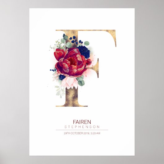 Poster Monogramme lettre F floral bleu marine et bordeaux (Devant)