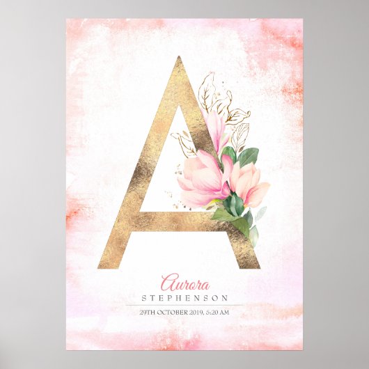 Poster Monogramme lettre feuilles dorées fleurs de magnol (Devant)