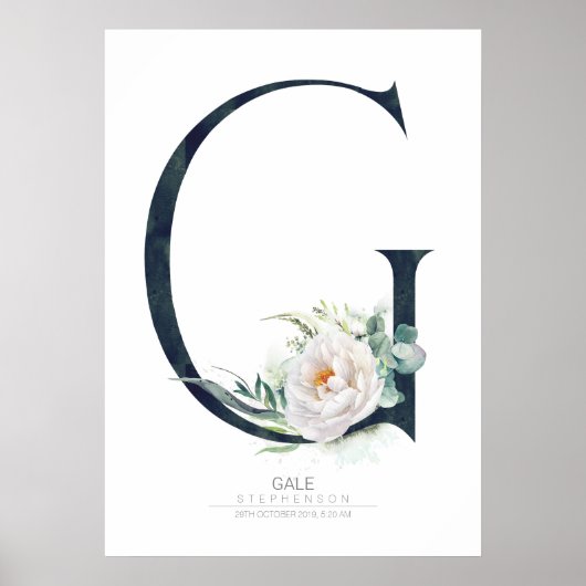 Poster Monogramme lettre G Fleurs blanches et feuillage (Devant)