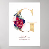 Poster Monogramme lettre G floral bleu marine et bordeaux (Devant)