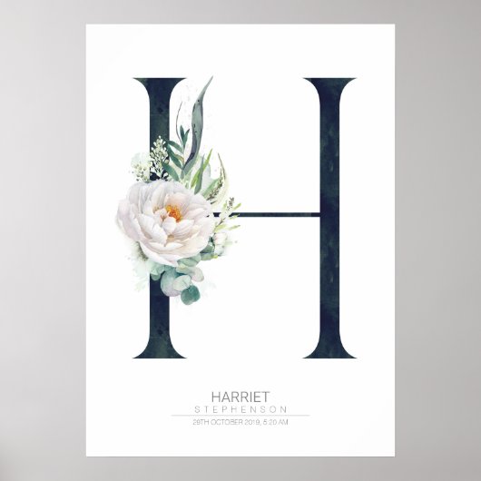 Poster Monogramme lettre H Fleurs blanches et verdure (Devant)