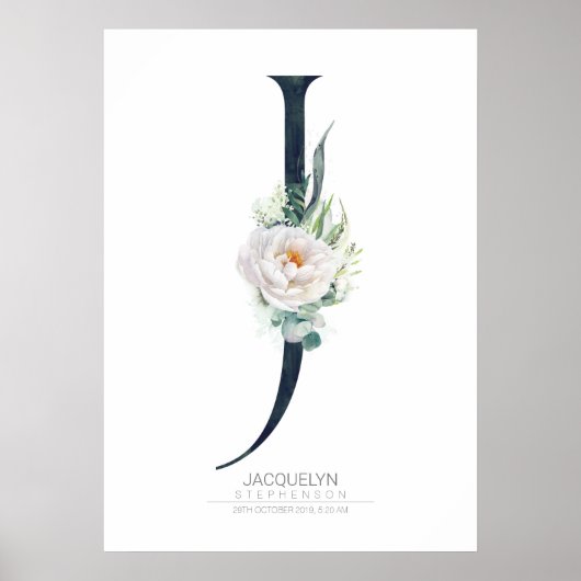 Poster Monogramme lettre J Fleurs blanches et feuillage (Devant)