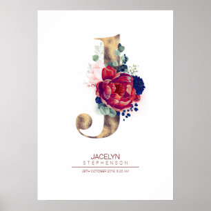 Poster Monogramme lettre J floral bleu marine et bordeaux