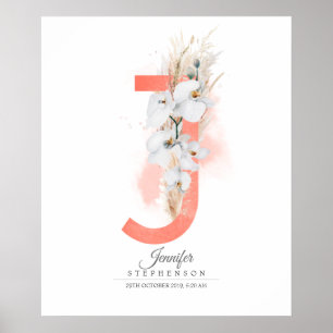 Poster Monogramme lettre J Orchidées blanches et herbe de