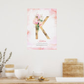 Poster Monogramme lettre K feuilles dorées magnolia flora (Cuisine)