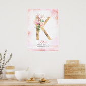 Poster Monogramme lettre K feuilles dorées magnolia rose (Cuisine)