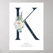 Poster Monogramme lettre K fleurs blanches et feuillage (Devant)