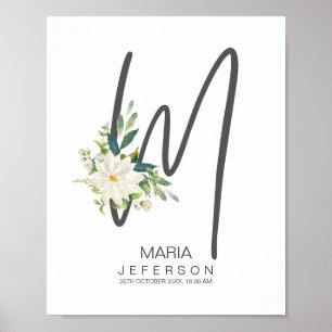 Poster Monogramme lettre M Décor floral rose