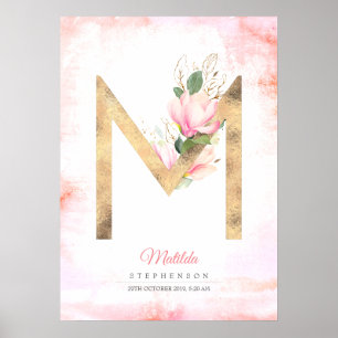 Poster Monogramme lettre M feuilles dorées fleurs de magn