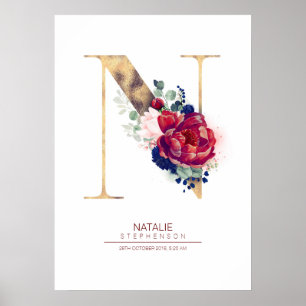 Poster Monogramme lettre N floral bleu marine et bordeaux