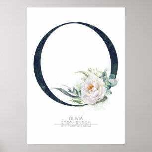 Poster Monogramme lettre O Fleurs blanches et feuillage