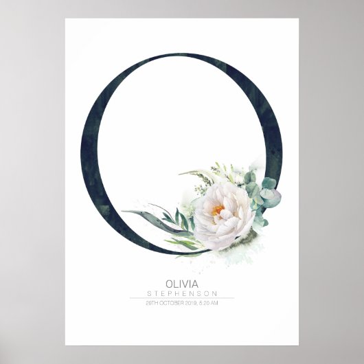 Poster Monogramme lettre O Fleurs blanches et feuillage (Devant)